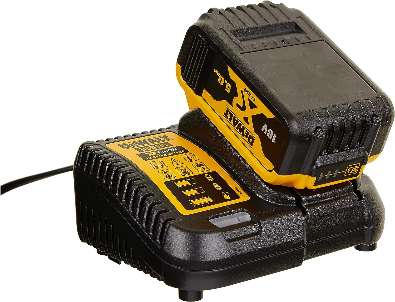 DeWalt Batteria agli ioni di litio XR da 5,0 Ah, 18 V con caricatore caricabatteria originale DCB115 DCB184