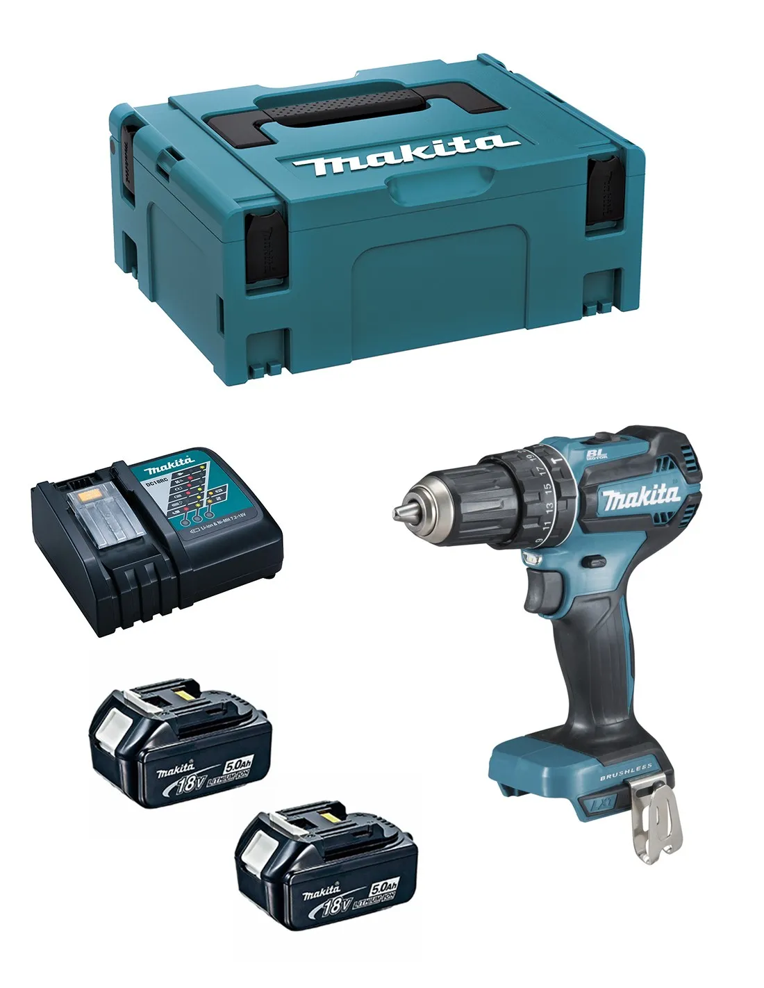 Makita Trapano combinato a batteria + 2x5Ah 18V Li-Ion + caricabatteria + valigetta DHP485RTJ