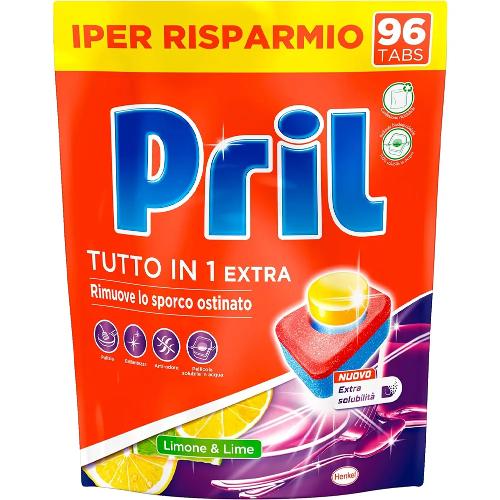 Pril 3 Azioni Limone e Lime Detersivo Lavastoviglie 96 Tabs Piatti Sempre Puliti