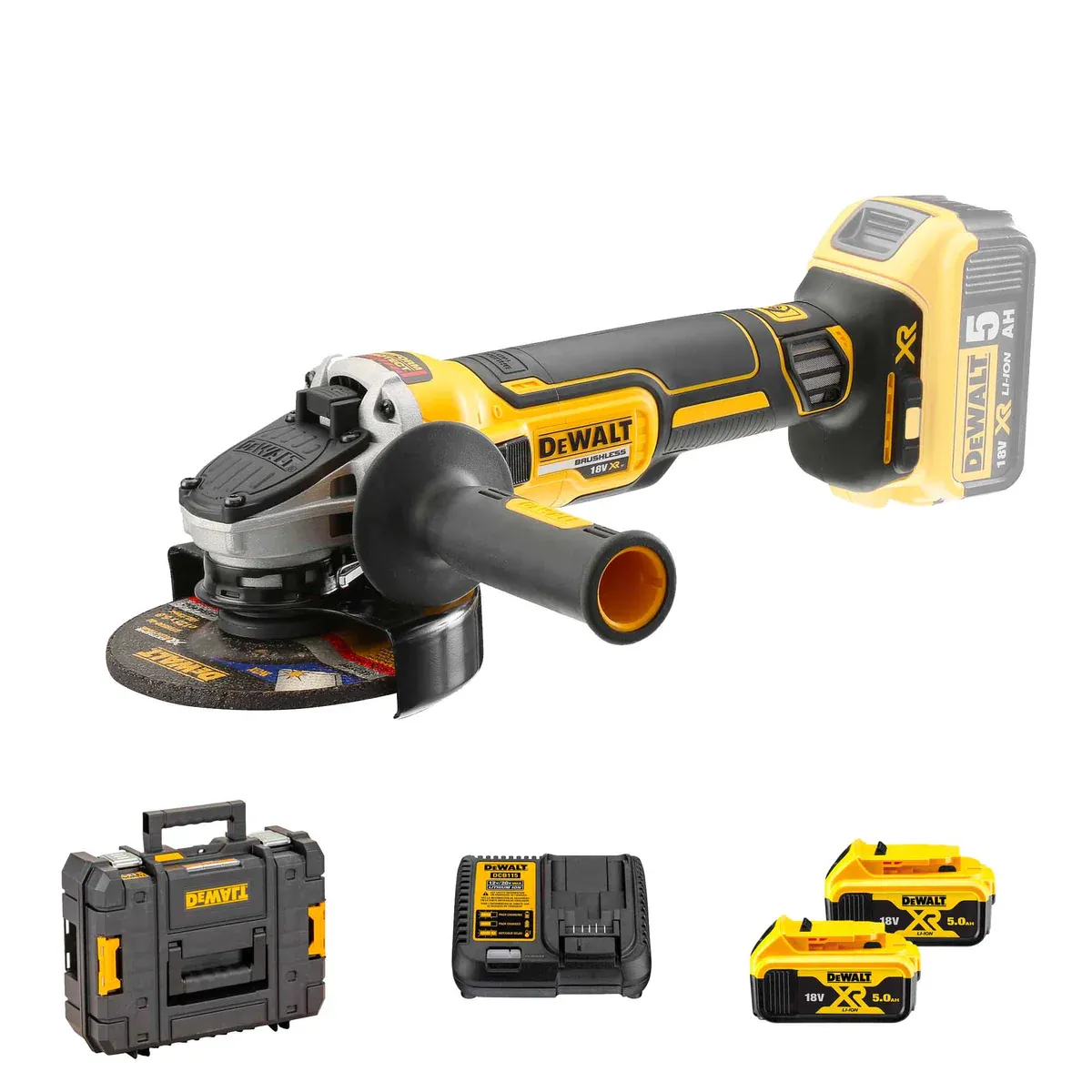 DeWalt Smerigliatrice frullino Brushless XR Ø125 mm con 2 batteria 18V 5Ah, caricabatterie e valigetta TSTAK DCG405P2