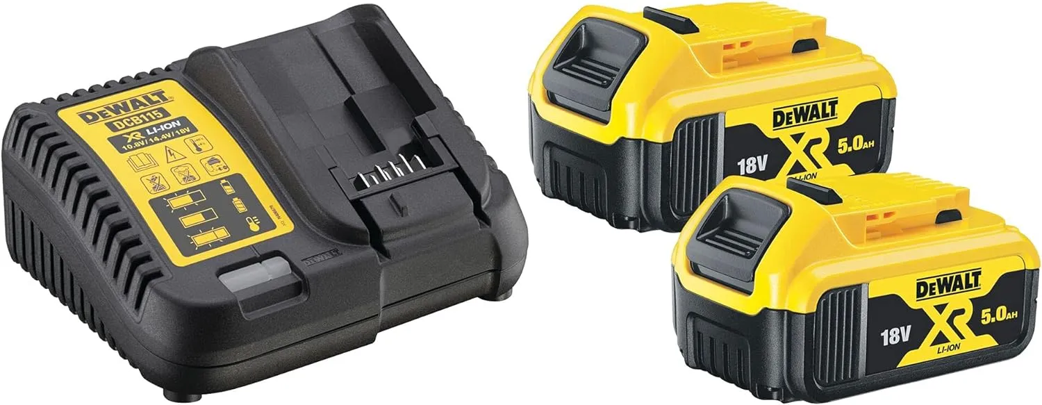 DeWalt  2 Batterie agli ioni di litio XR da 5,0 Ah, 18 V con caricatore caricabatteria DCB115 DCB184