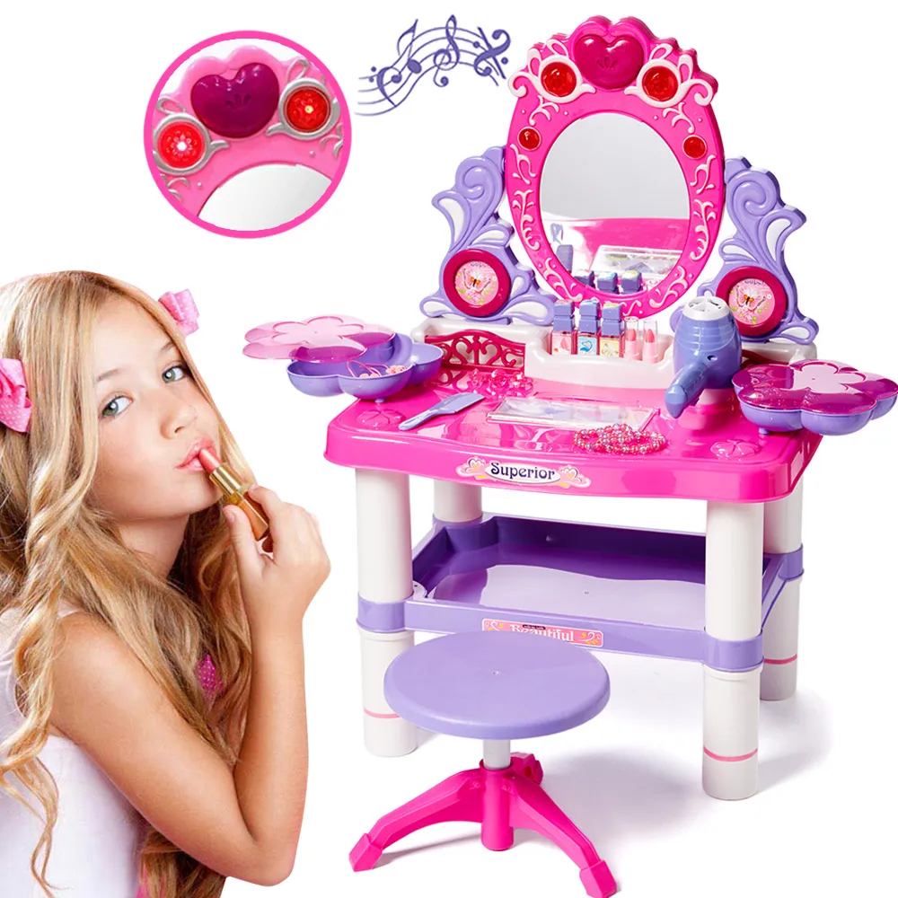 Specchiera Make-Up Giocattolo Bambina con Sgabello Luci Suoni e Accessori Gioco