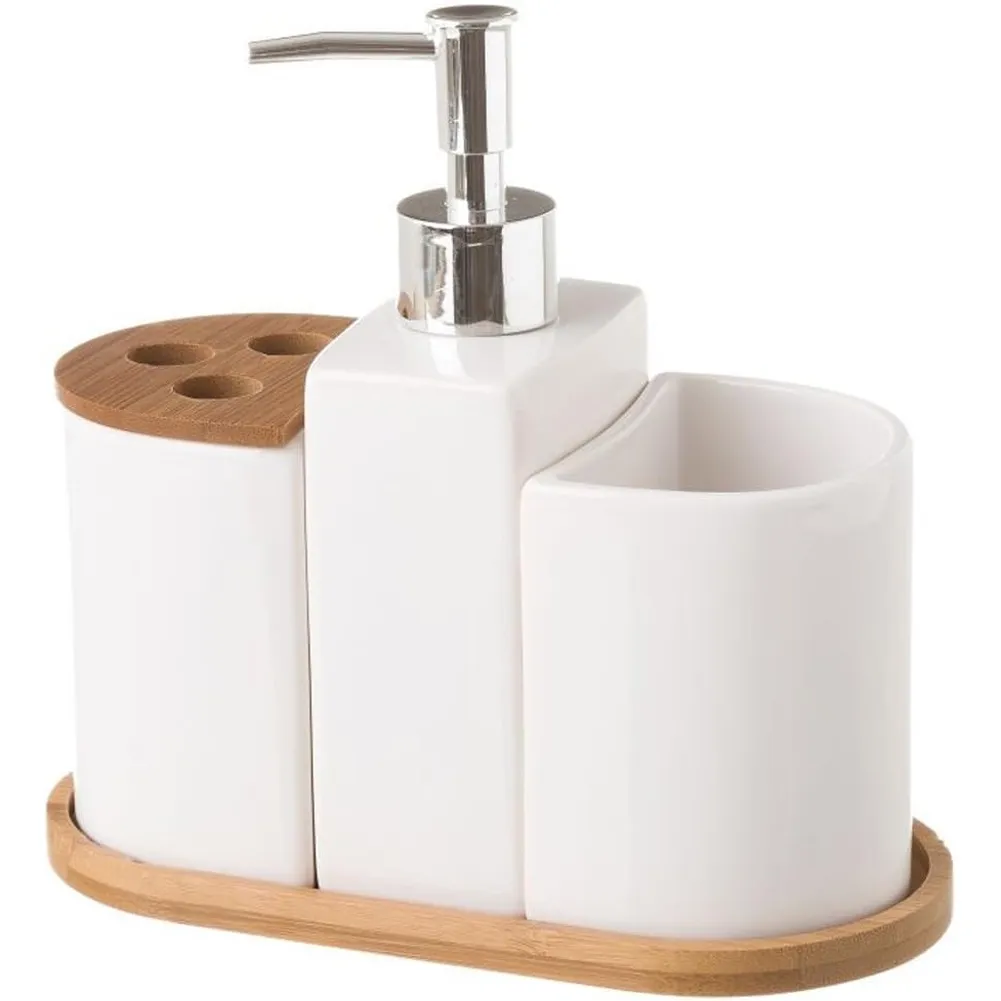 Set Bagno 3pz Con Dispenser Sapone Bicchiere Portaspazzolini In legno e Ceramica