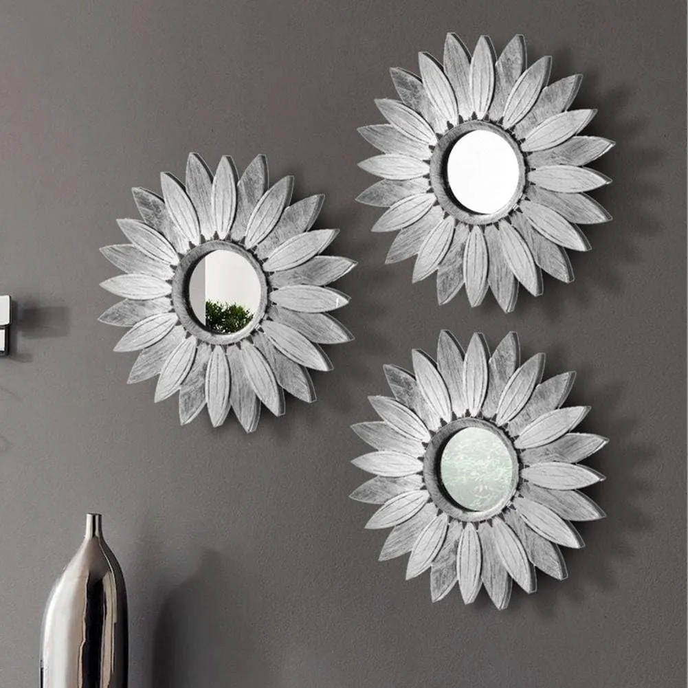 3x Specchi Rotondi da Parete Cornice Specchio Forma Fiore 25cm Design Moderno