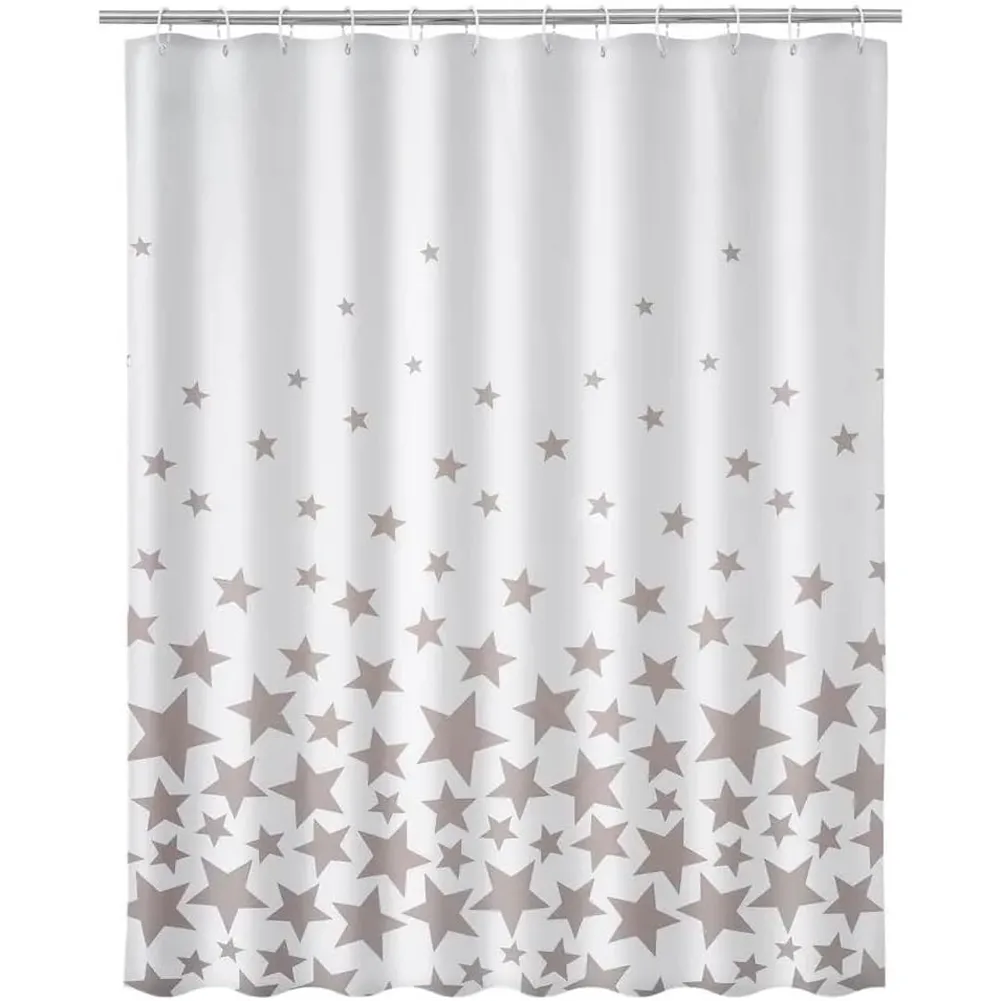 Tenda Doccia Bagno Stampa Stelle Grigio 180x200cm Tessuto con Ganci Poliestere