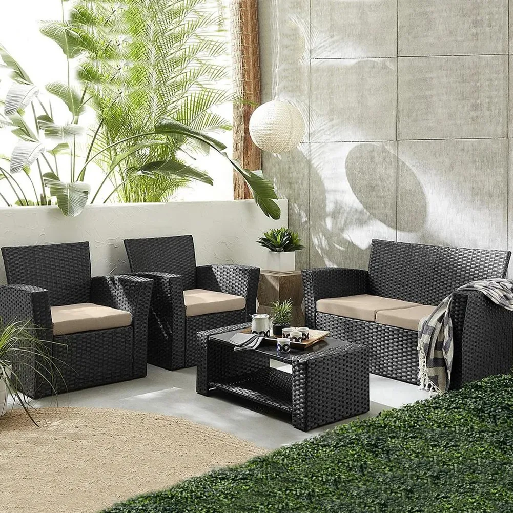 Set da Giardino Nero con 2 Poltrone + Tavolino Rattan + Divano da Esterno