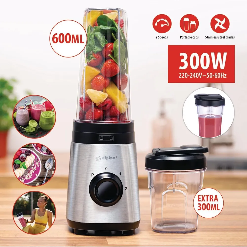 Frullatore Blender Smoothie Maker 300 W 2 Velocità Frullatutto in Acciaio Inox