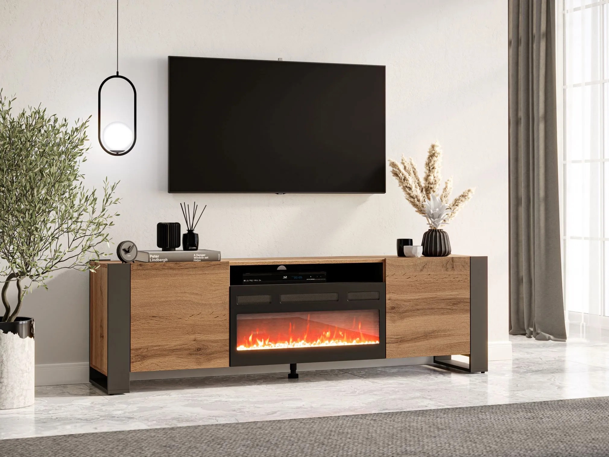 Mobile porta TV soggiorno con caminetto elettrico WOOD cm 196x40x60h Rovere