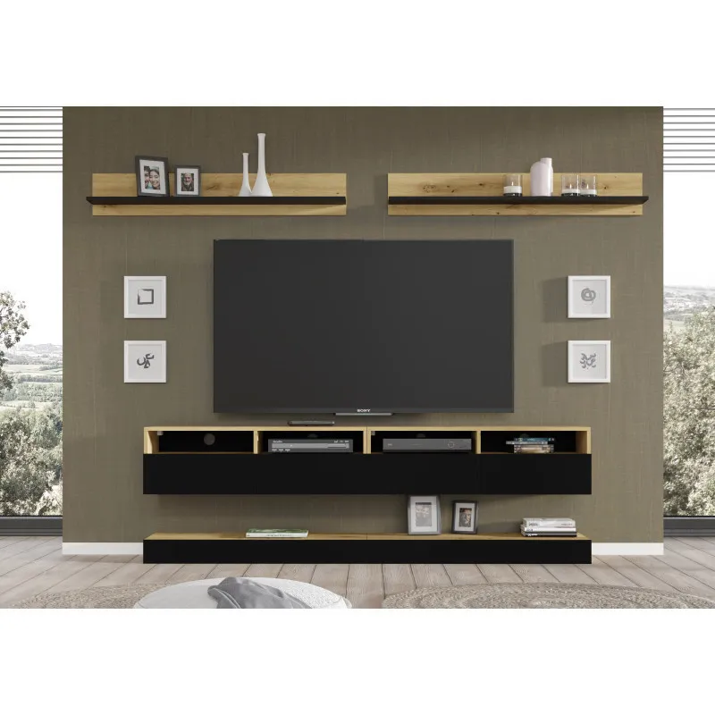 Set soggiorno DUO D 2 mobili TV 2 piattaforme e 2 mensole Rovere Nero opaco