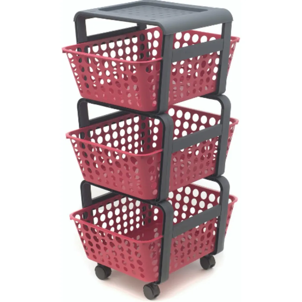 Carrello Portaoggetti Multiuso Rosso 4 Ruote 3 Cassetti Estraibili 41.5x29x75cm (1)