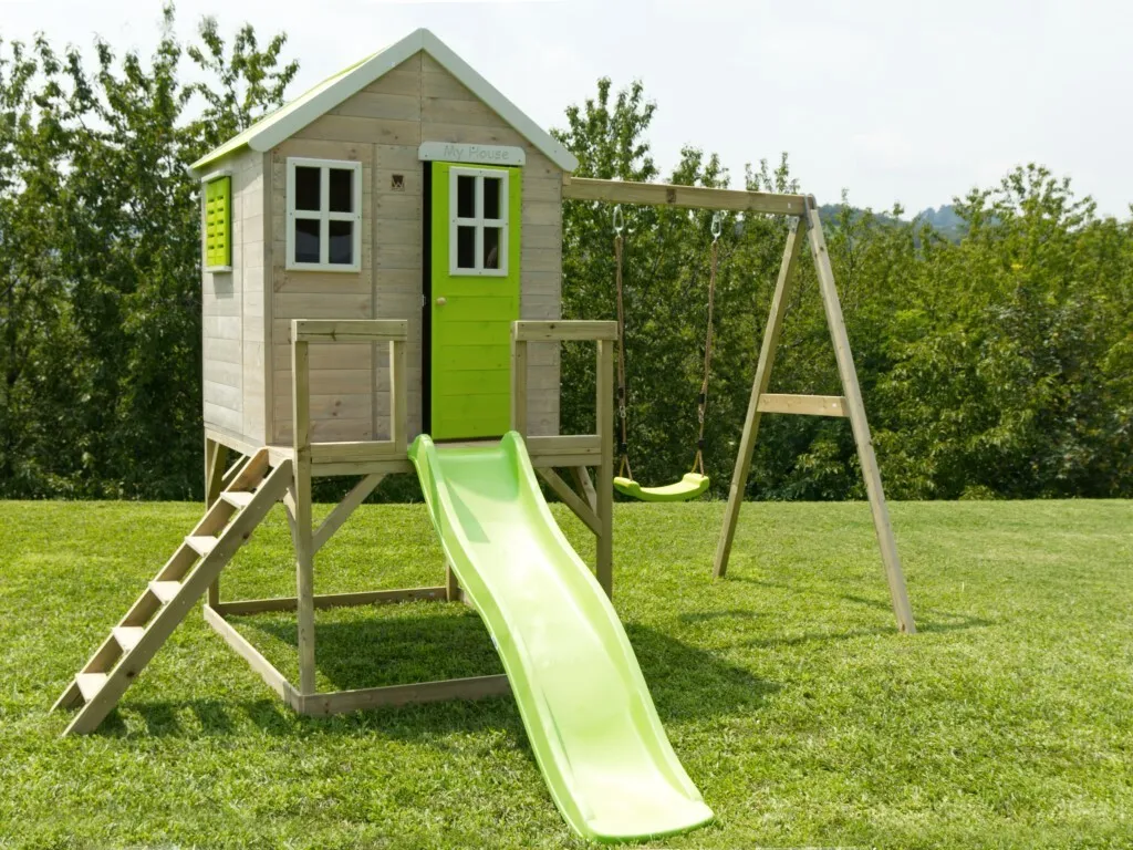 Casetta Casina legno su palafitta BAMBY con altalena e scivolo per Bambini cm 120x120x155h Gioco (1)