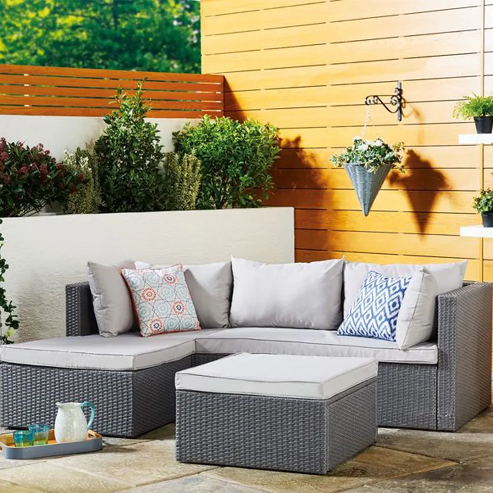 Set Salotto Divano in Polyrattan Pouf Contenitore Esterno Giardino Grigio Chiaro