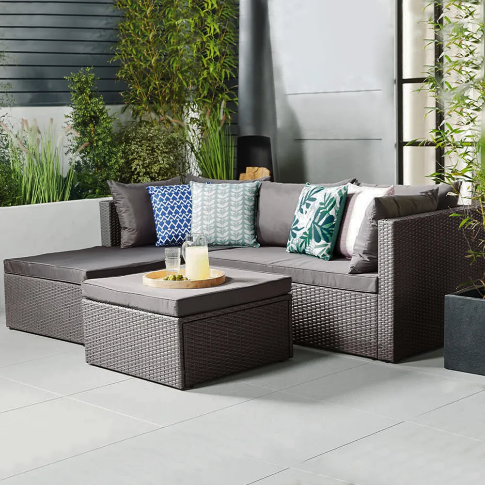 Set Salotto Divano in Polyrattan Pouf Contenitore Esterno Giardino Grigio Scuro