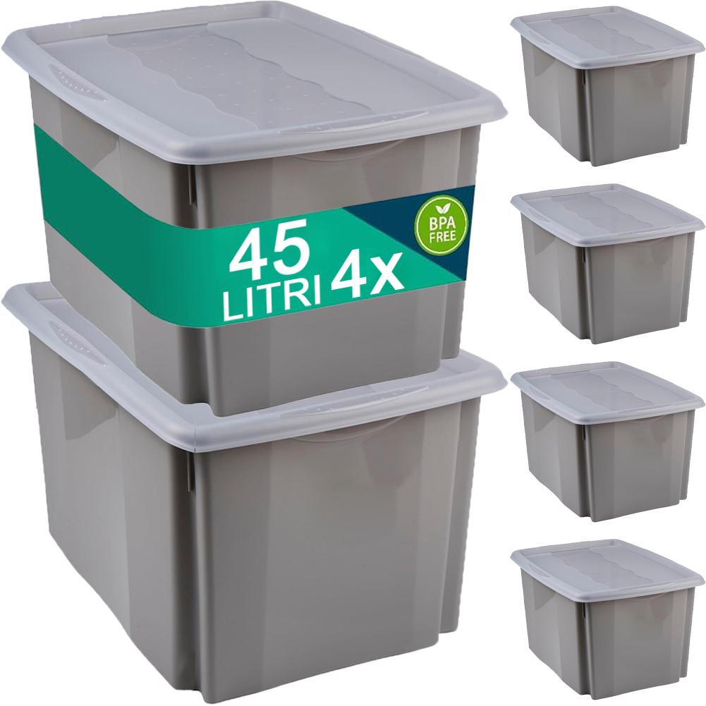 Set Scatole 4x45 L Portaoggetti Grigio Plastica Cassetto Contenitore Salvaspazio (1)