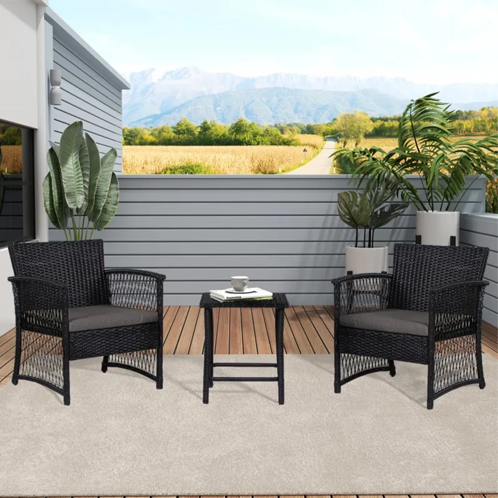 Set 3 Pezzi in Polyrattan Esterno Giardino con 2 Sedie 1 Tavolo Nero e Grigio (1)