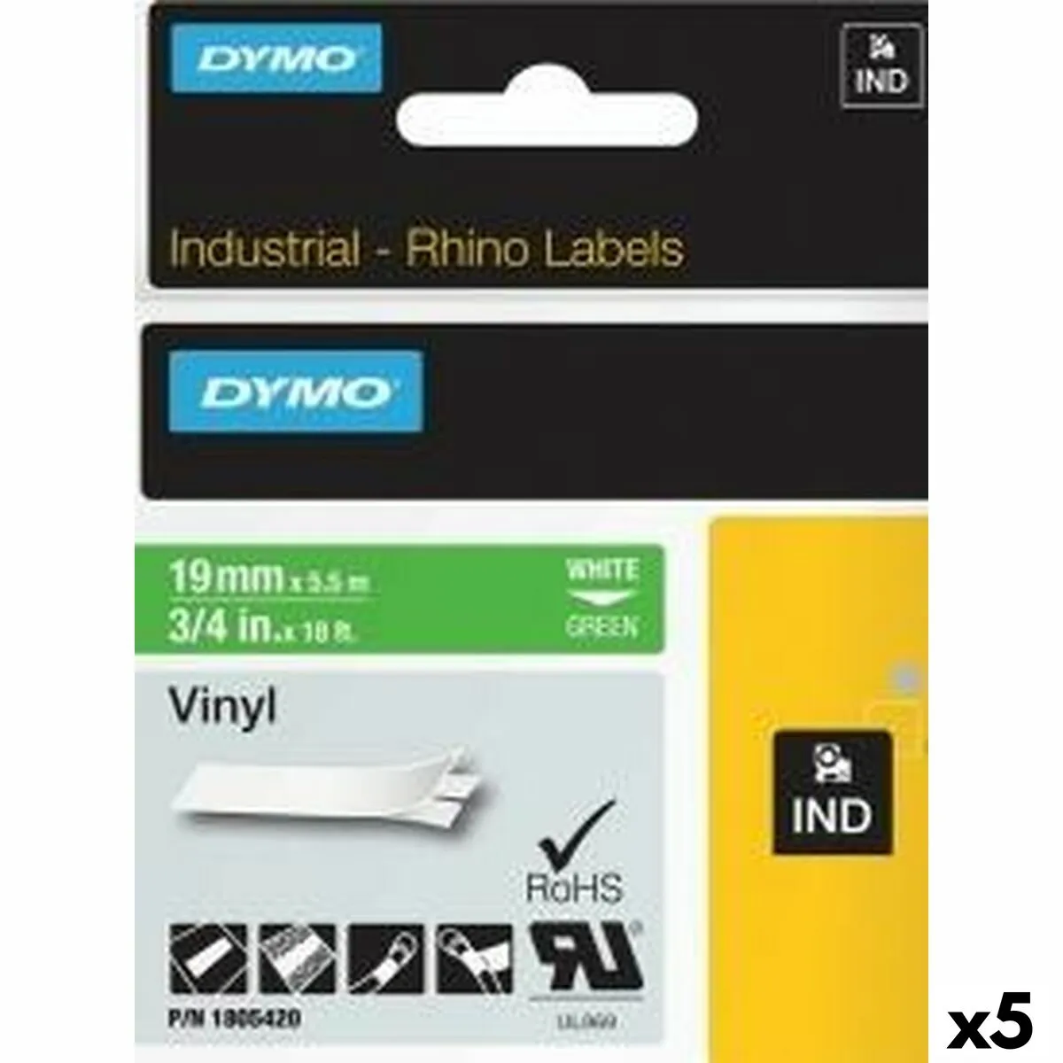 Nastro Laminato per Etichettatrici Rhino Dymo ID1-19 19 x 5,5 mm Bianco Verde Vinile Autoadesive (5 Unità)