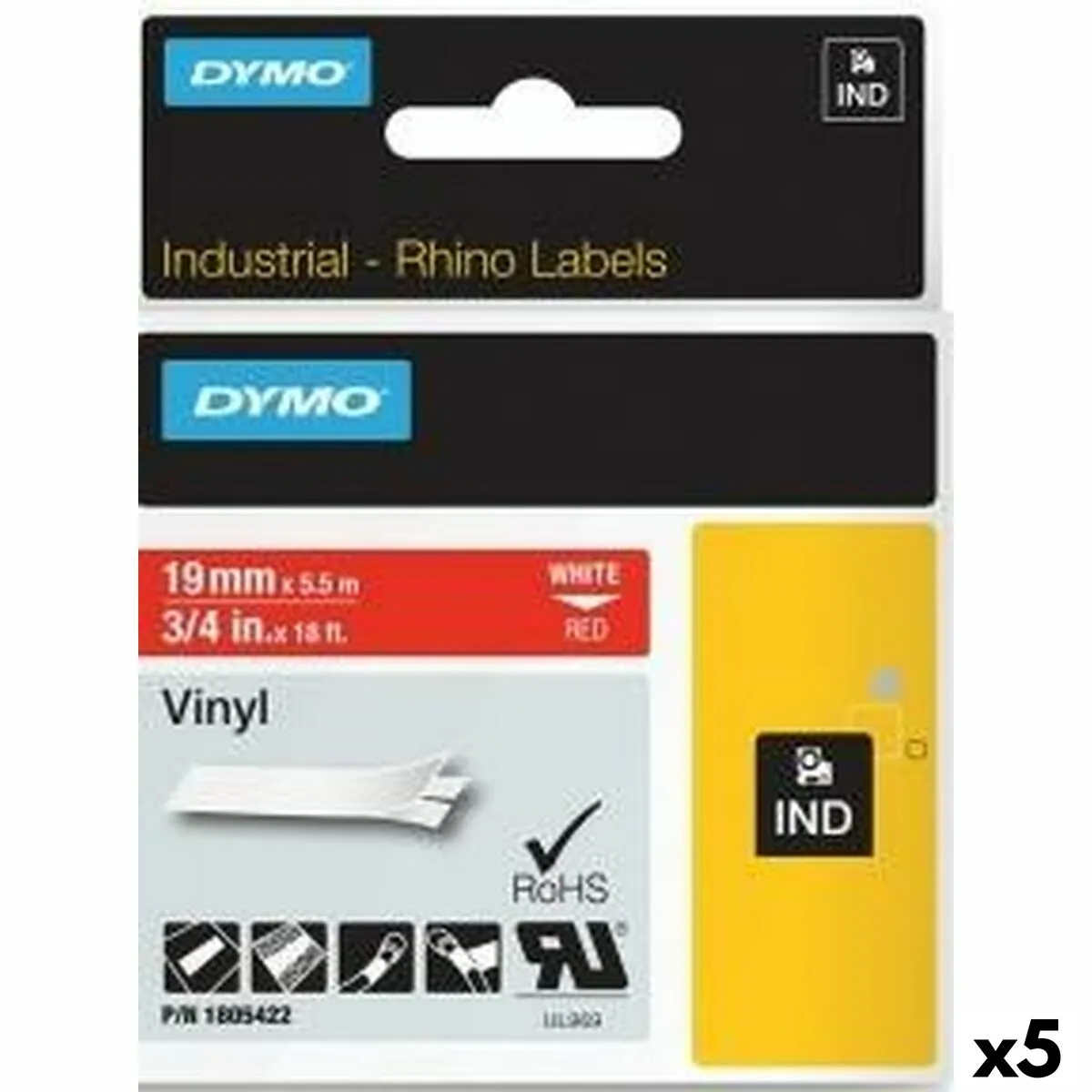 Nastro Laminato per Etichettatrici Rhino Dymo ID1-19 19 x 5,5 mm Rosso Bianco Vinile Autoadesive (5 Unità)