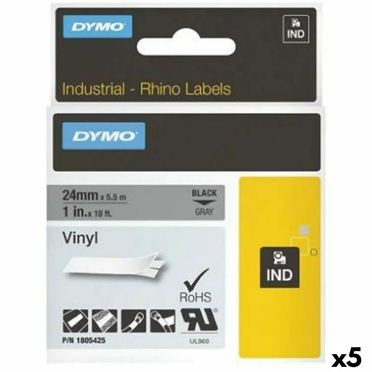 Nastro Laminato per Etichettatrici Rhino Dymo ID1-12 12 x 5,5 mm Nero Bianco Vinile Autoadesive (5 Unità)