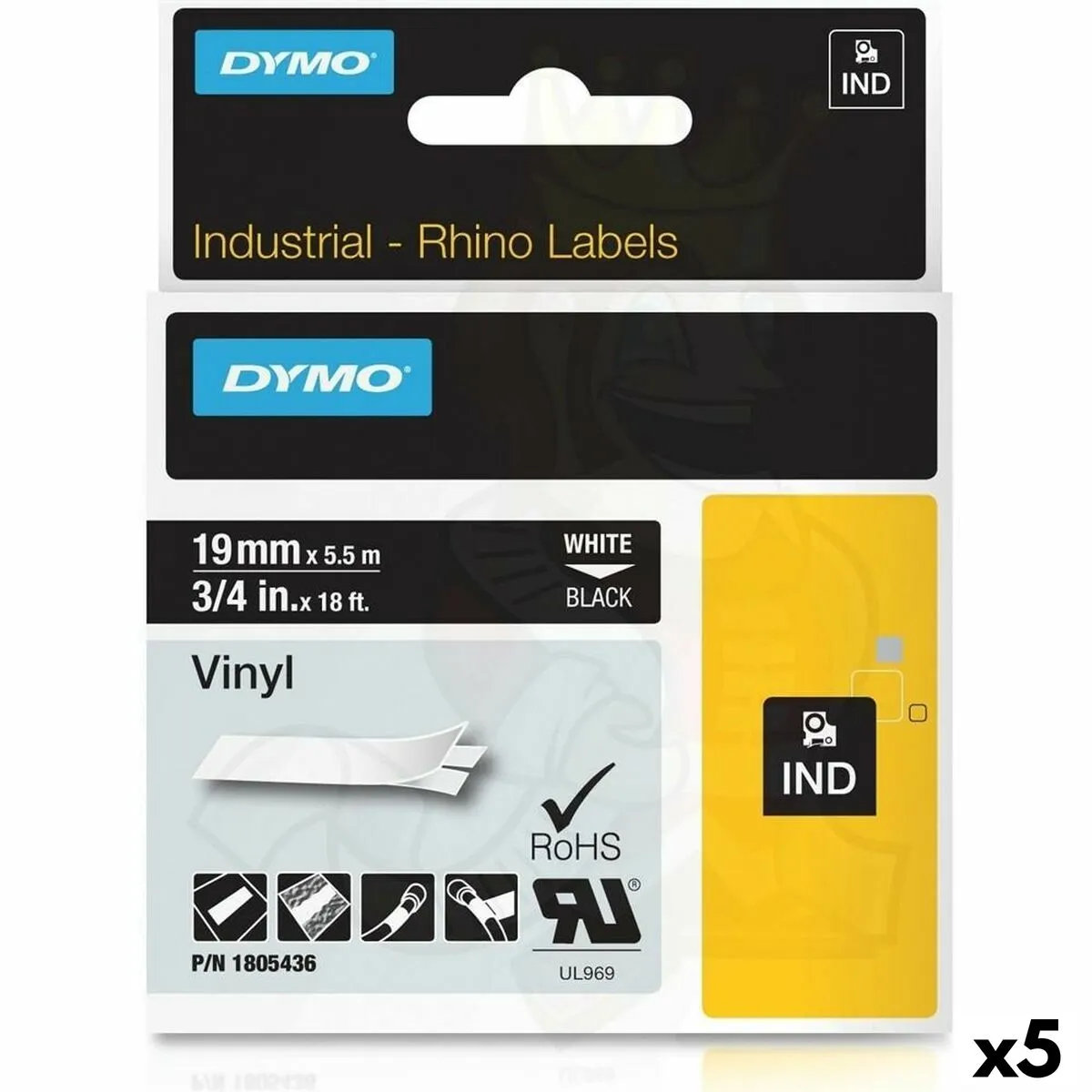 Nastro Laminato per Etichettatrici Rhino Dymo ID1-19 19 x 5,5 mm Nero Poliestere Bianco Autoadesive (5 Unità)