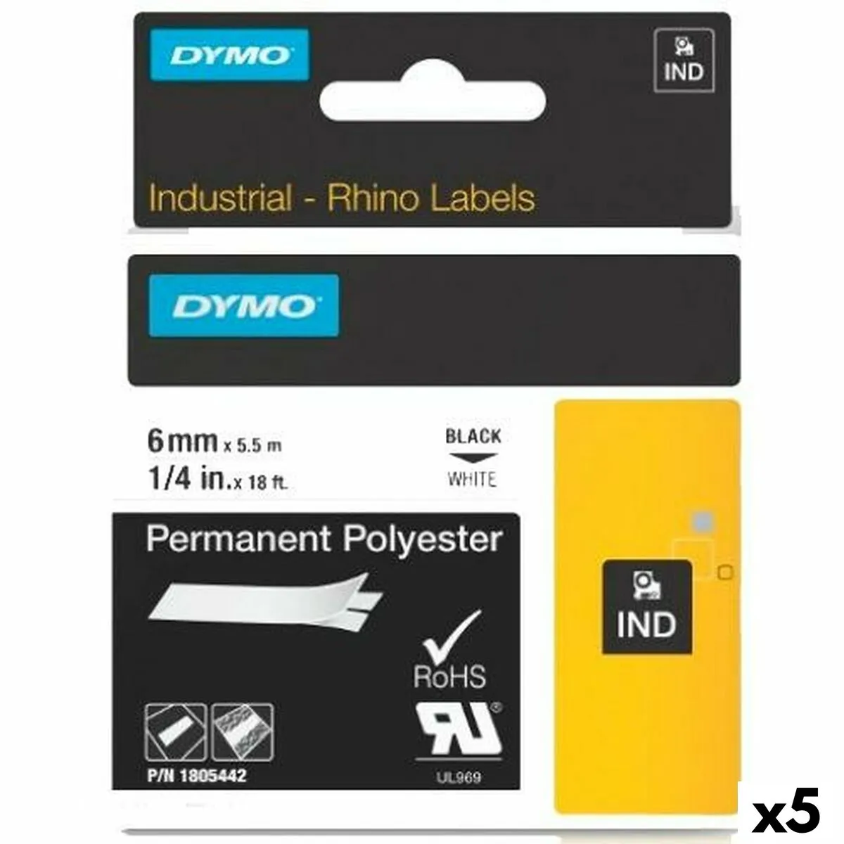 Kit Guaina Termorestringente Rhino Dymo ID1-6 6 x 5,5 mm Nero Poliestere Bianco (5 Unità)