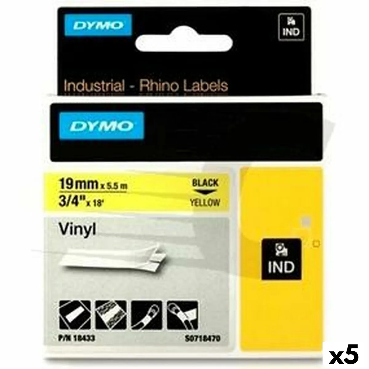 Nastro Laminato per Etichettatrici Rhino Dymo ID1-19 19 x 3,5 mm Nero Giallo Autoadesive (5 Unità)