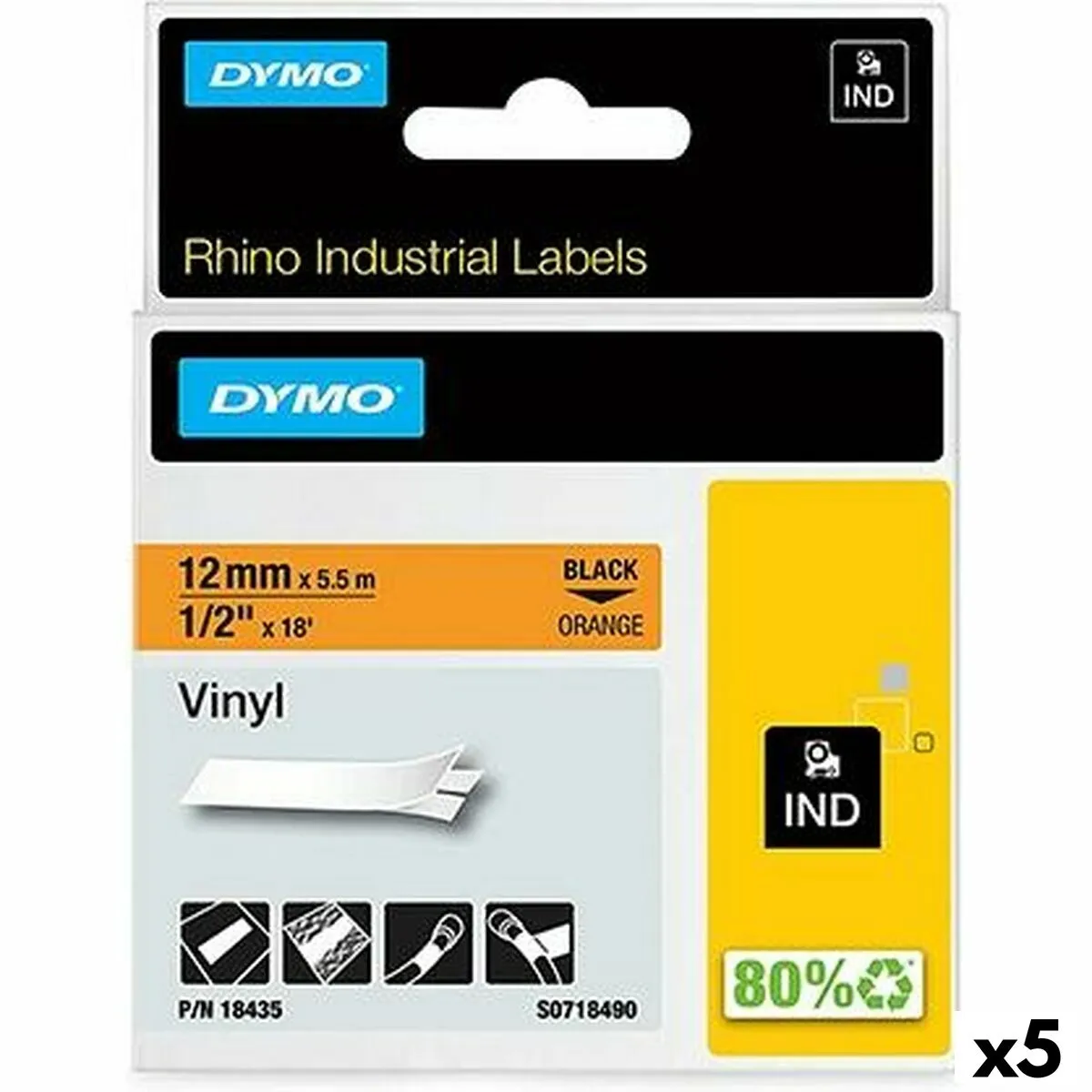 Nastro Laminato per Etichettatrici Rhino Dymo ID1-12 12 x 5,5 mm Nero Arancio Vinile Autoadesive (5 Unità)