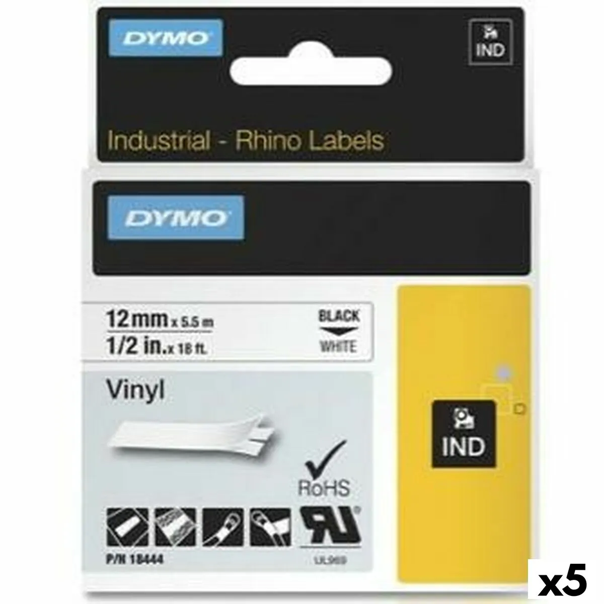 Nastro Laminato per Etichettatrici Rhino Dymo ID1-12 12 x 5,5 mm Nero Bianco Vinile Autoadesive (5 Unità)