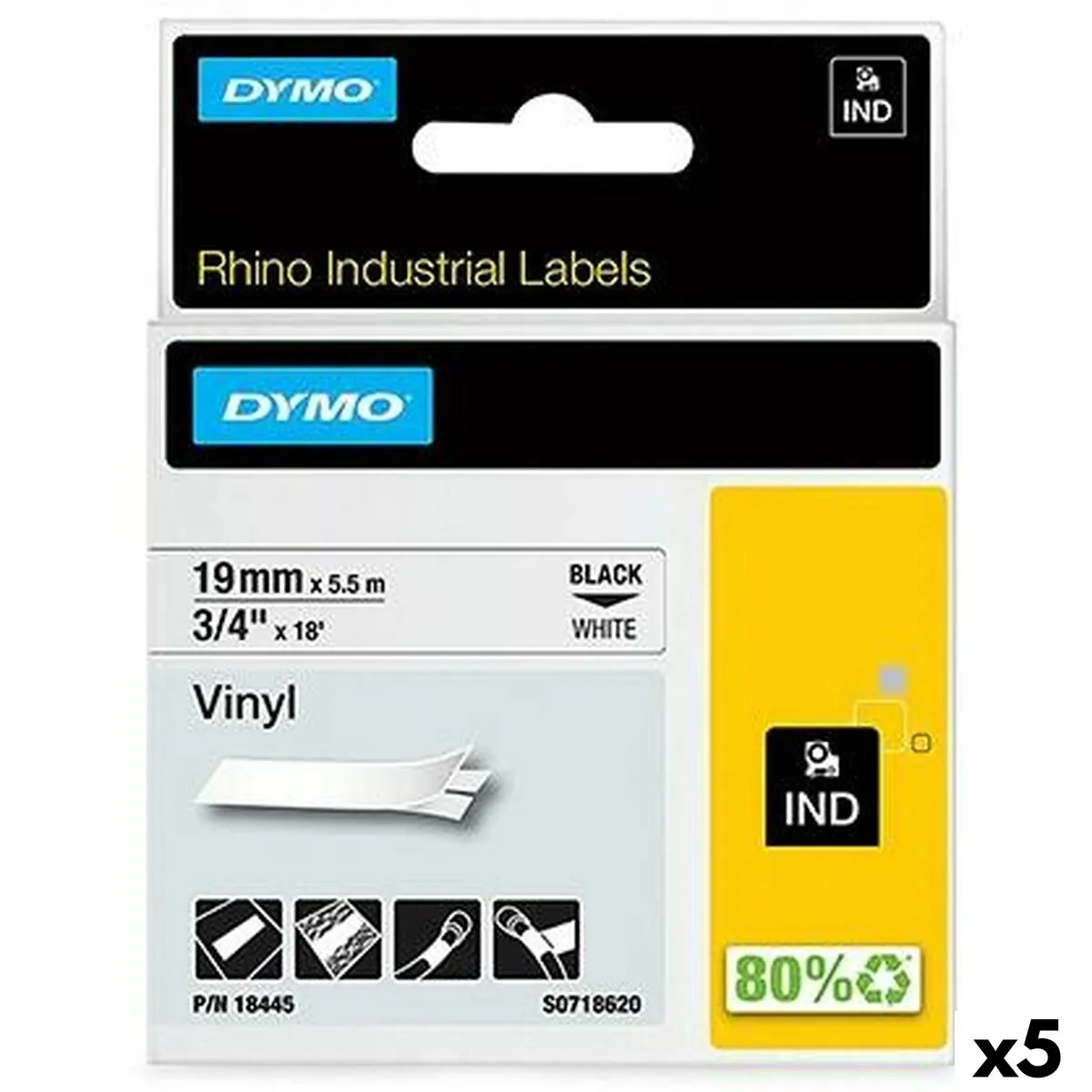 Nastro Laminato per Etichettatrici Rhino Dymo ID1-19 19 x 5,5 mm Nero Bianco Vinile Autoadesive (5 Unità)