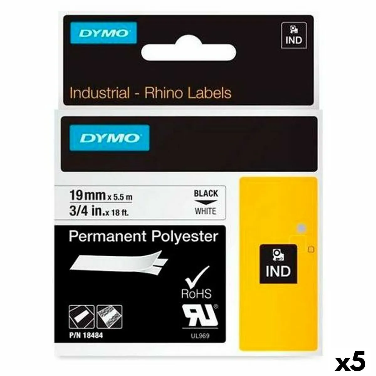 Nastro Laminato per Etichettatrici Rhino Dymo ID1-19 19 x 5,5 mm Nero Poliestere Bianco Autoadesive (5 Unità)