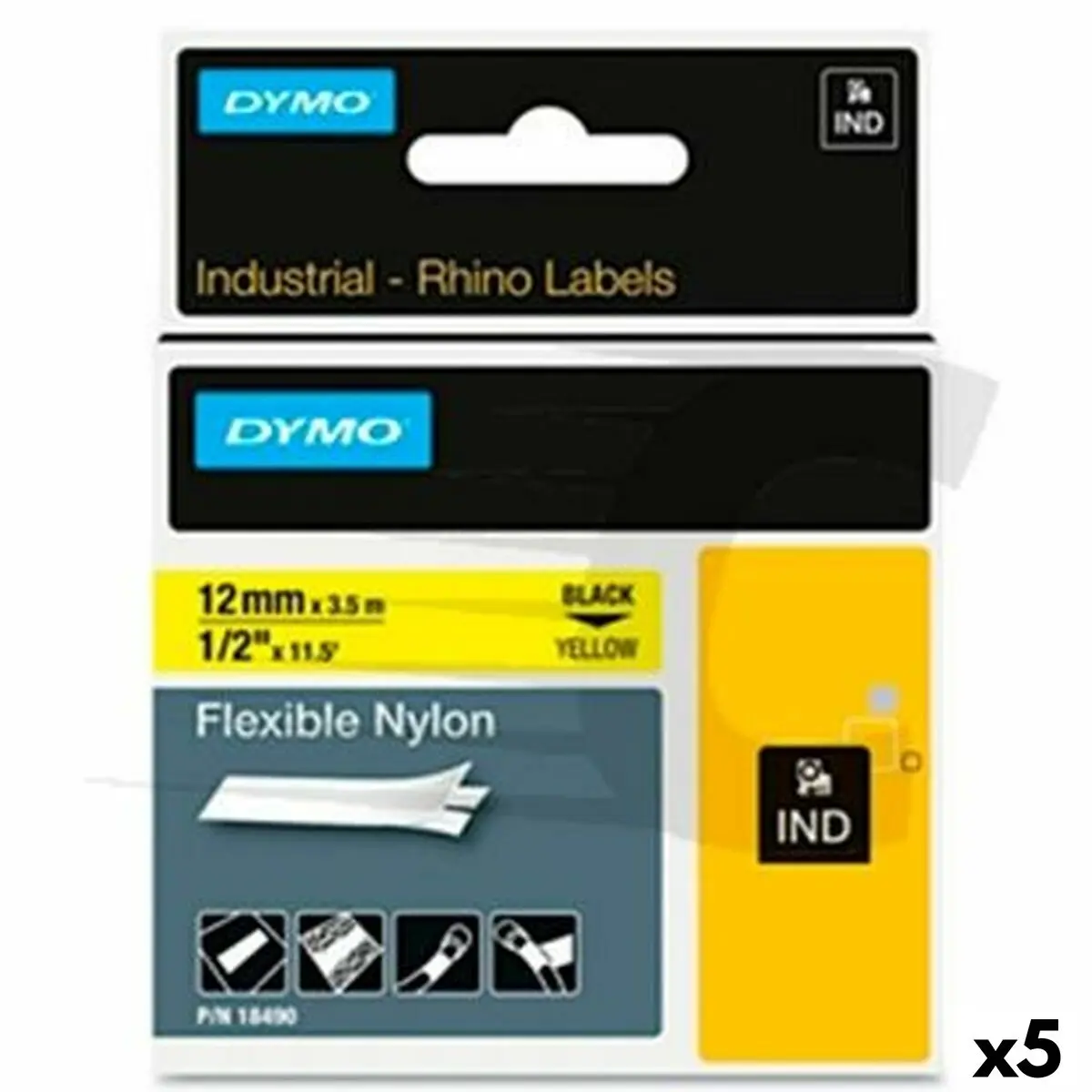 Nastro Laminato per Etichettatrici Rhino Dymo ID1-12 Giallo Nero 12 x 3,5 mm Autoadesive (5 Unità)