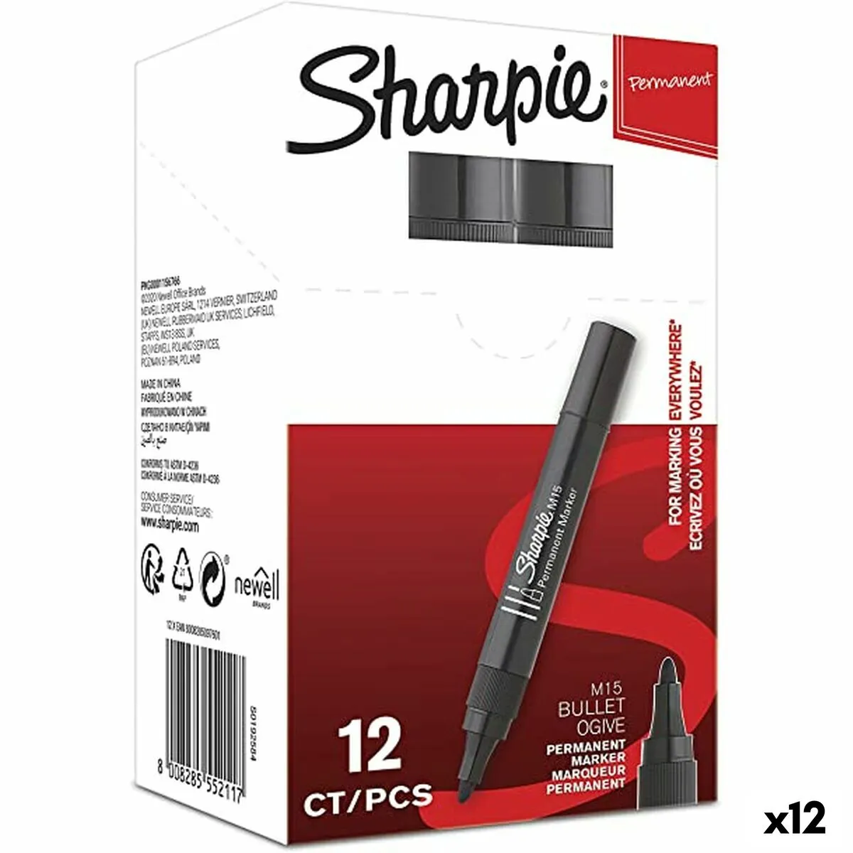 Marcatore permanente Sharpie M15 12 Pezzi Nero 2 mm (12 Unità)