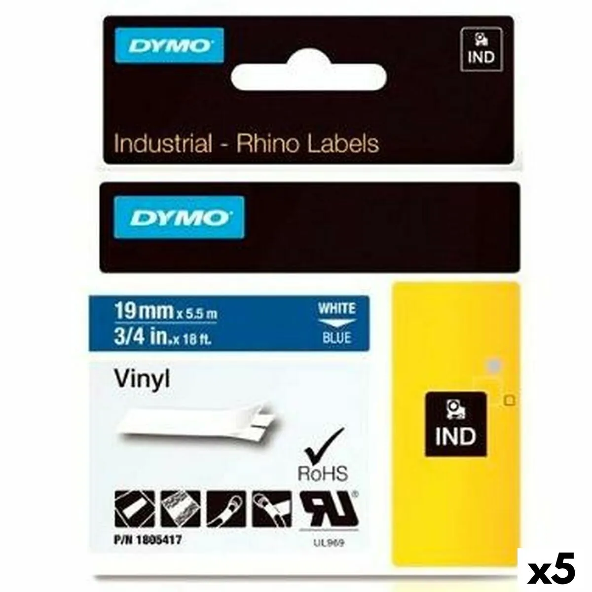 Nastro Laminato per Etichettatrici Dymo Rhino 19 mm x 5,5 m Azzurro Bianco Vinile (5 Unità)