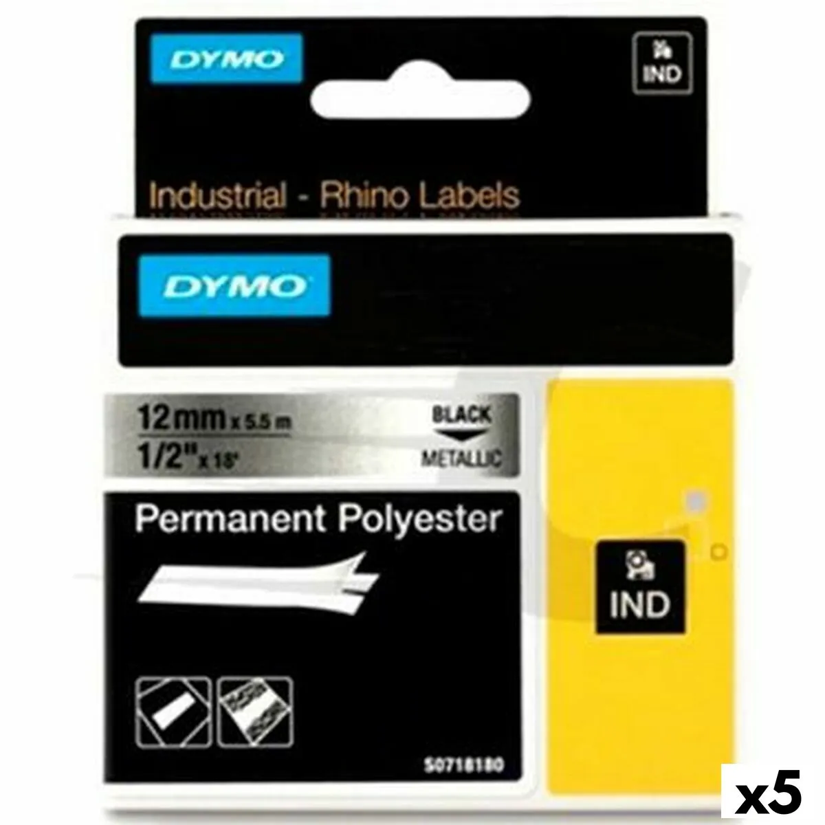 Nastro Laminato per Etichettatrici Dymo Rhino Nero Argentato 12 x 5,5 mm (5 Unità)