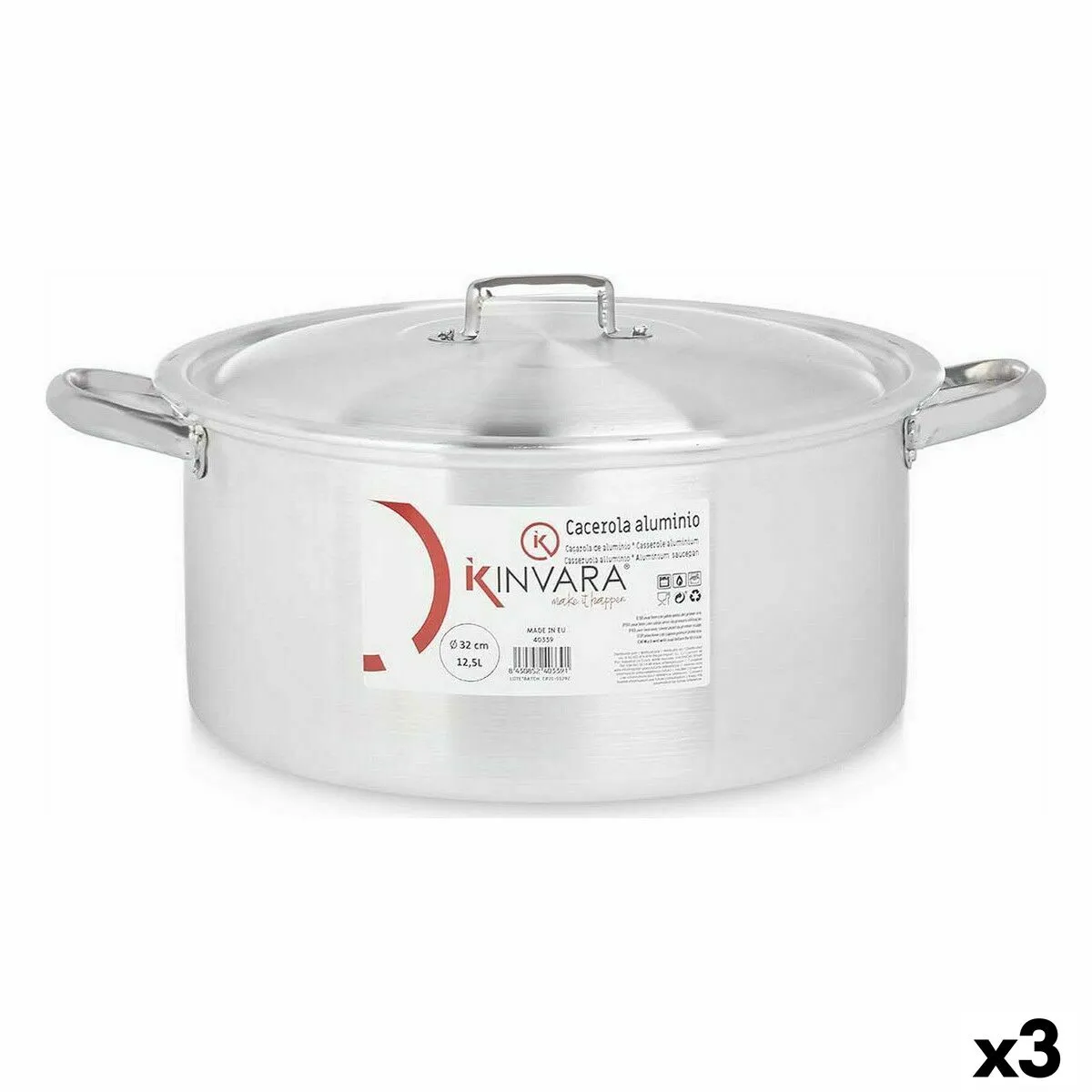 Casseruola con coperchio Argentato Alluminio 12,5 L (3 Unità)