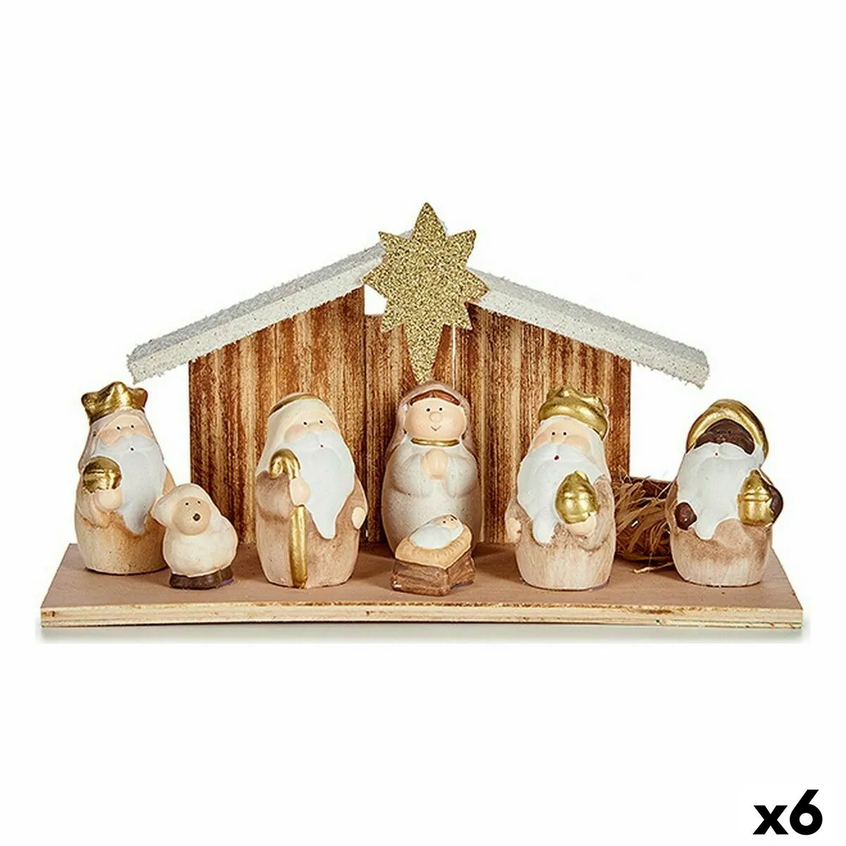 Presepe di Natale Bianco Marrone Dorato Legno Ceramica 11 x 15,5 x 30 cm (6 Unità)