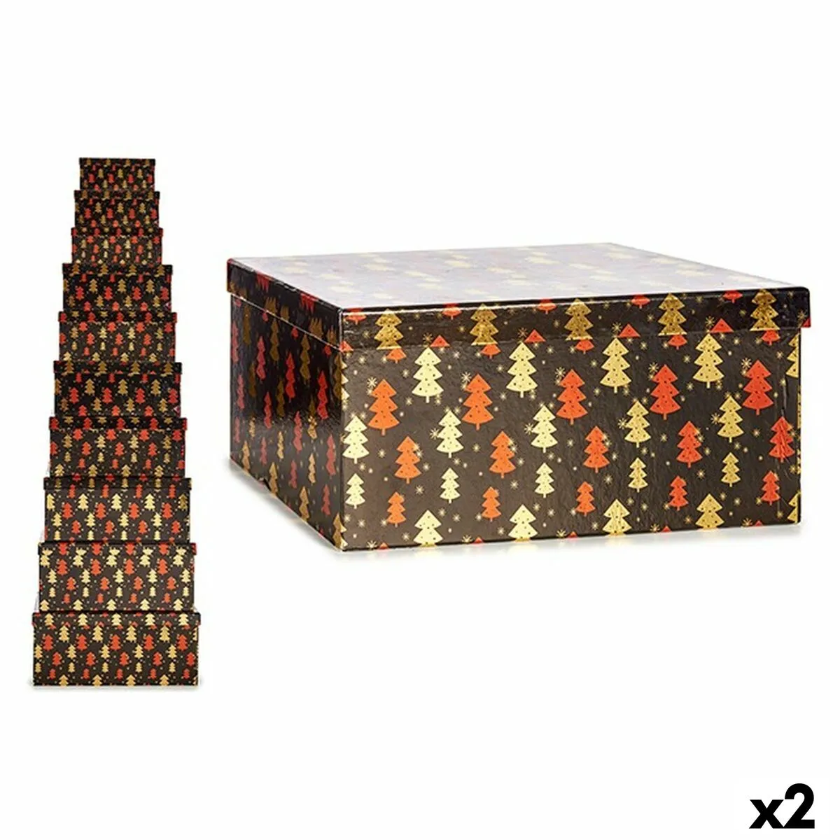 Set di Scatole Decorative Albero di Natale Nero Rosso Dorato Cartone (2 Unità)