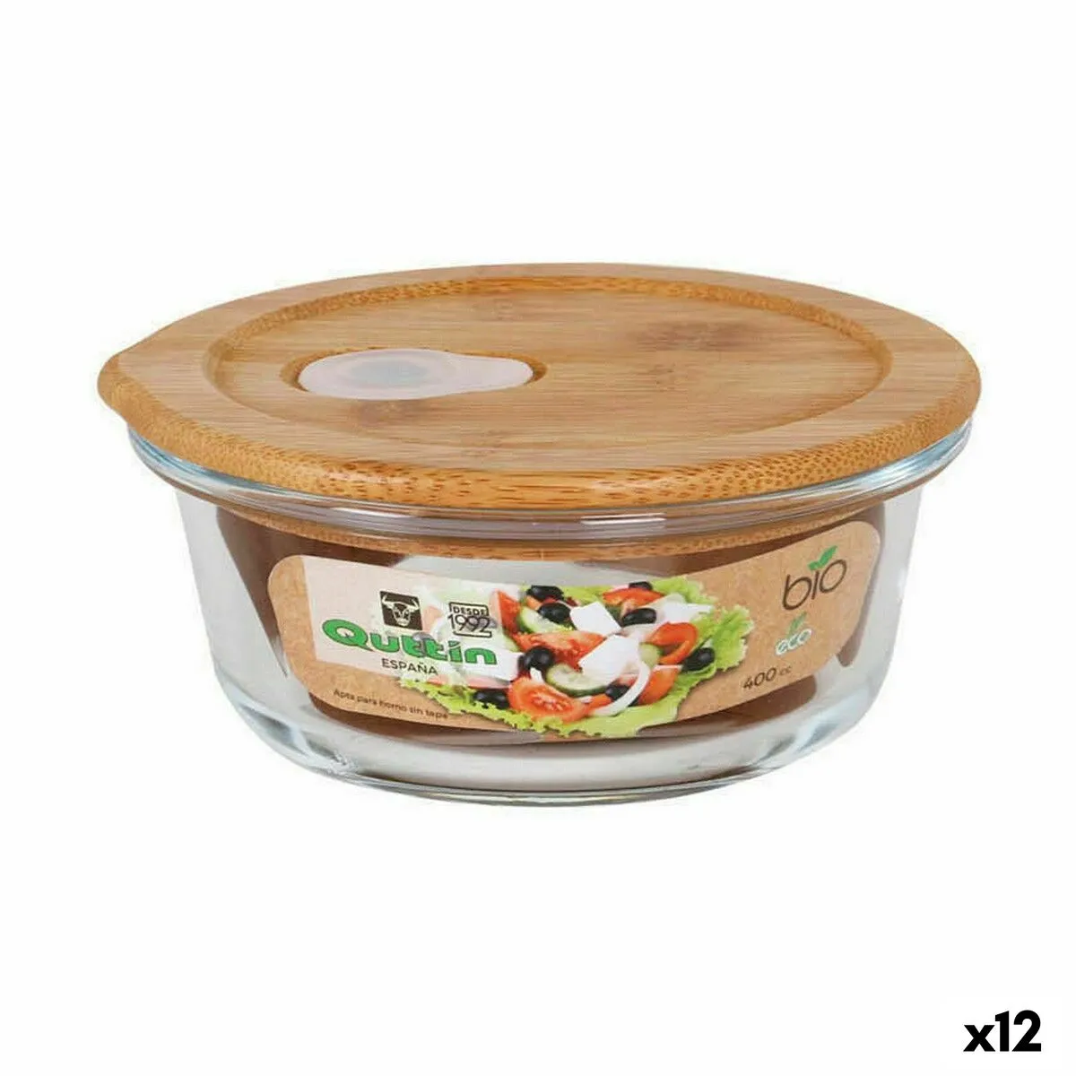 Porta Pranzo Rotondo con Coperchio Quttin Bambù Vetro Borosilicato Ø 13,5 cm 400 ml (12 Unità)