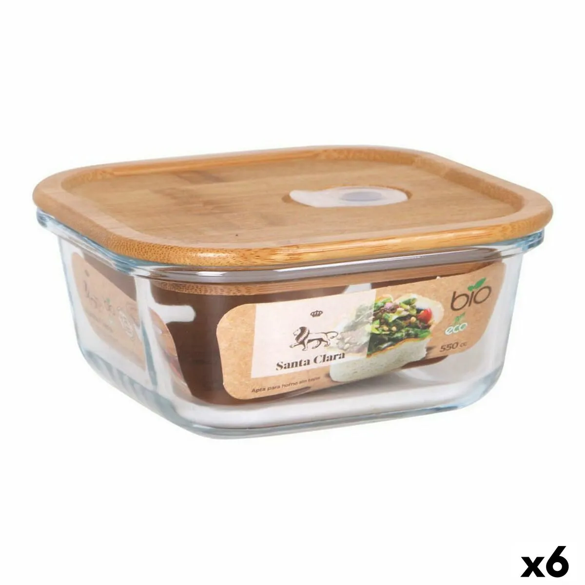 Porta Pranzo Quadrato con Coperchio Santa Clara   Bambù Vetro Borosilicato 550 ml 14 x 14 x 6 cm (6 Unità)