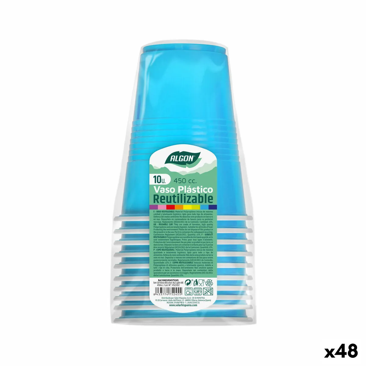 Set di bicchieri riutilizzabili Algon Azzurro Chiaro 48 Unità 450 ml (10 Pezzi)