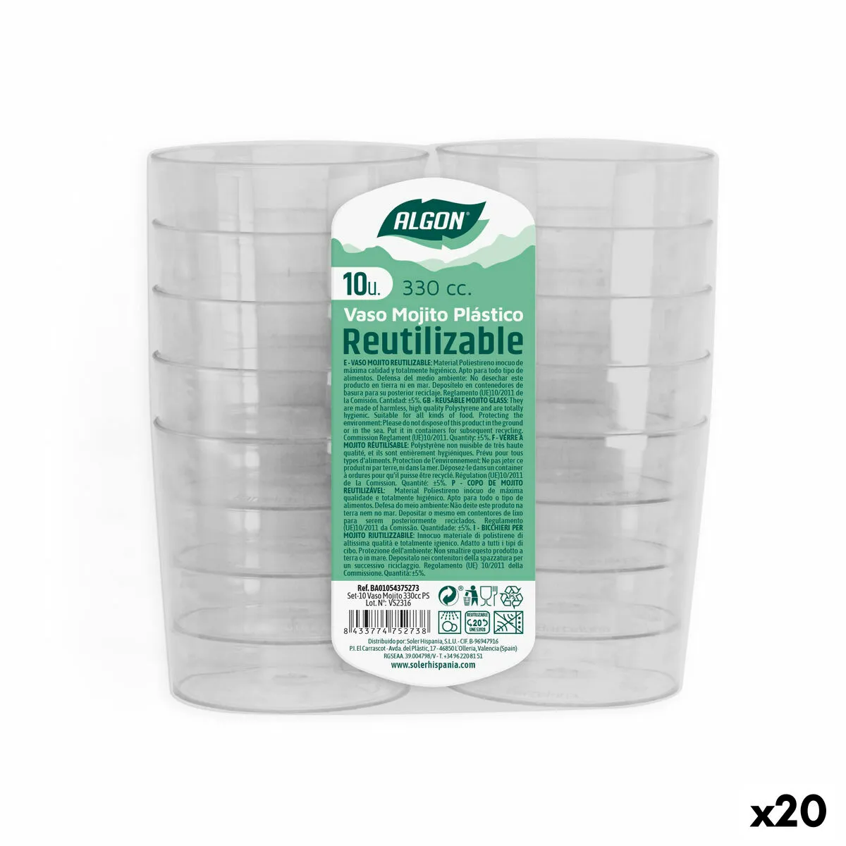 Set di bicchieri riutilizzabili Algon 3,3 L Trasparente Mojito 20 Unità (10 Pezzi)