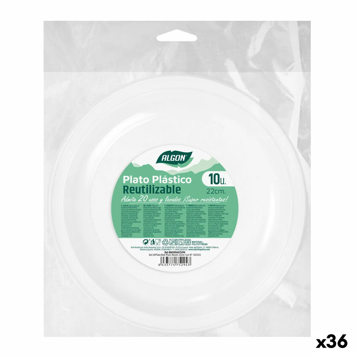 Set di piatti riutilizzabili Algon Rotondo Bianco Plastica 21,5 x 1,5 cm (36 Unità)