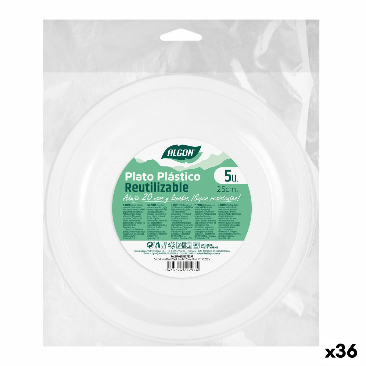 Set di piatti riutilizzabili Algon Rotondo Bianco Plastica (36 Unità)