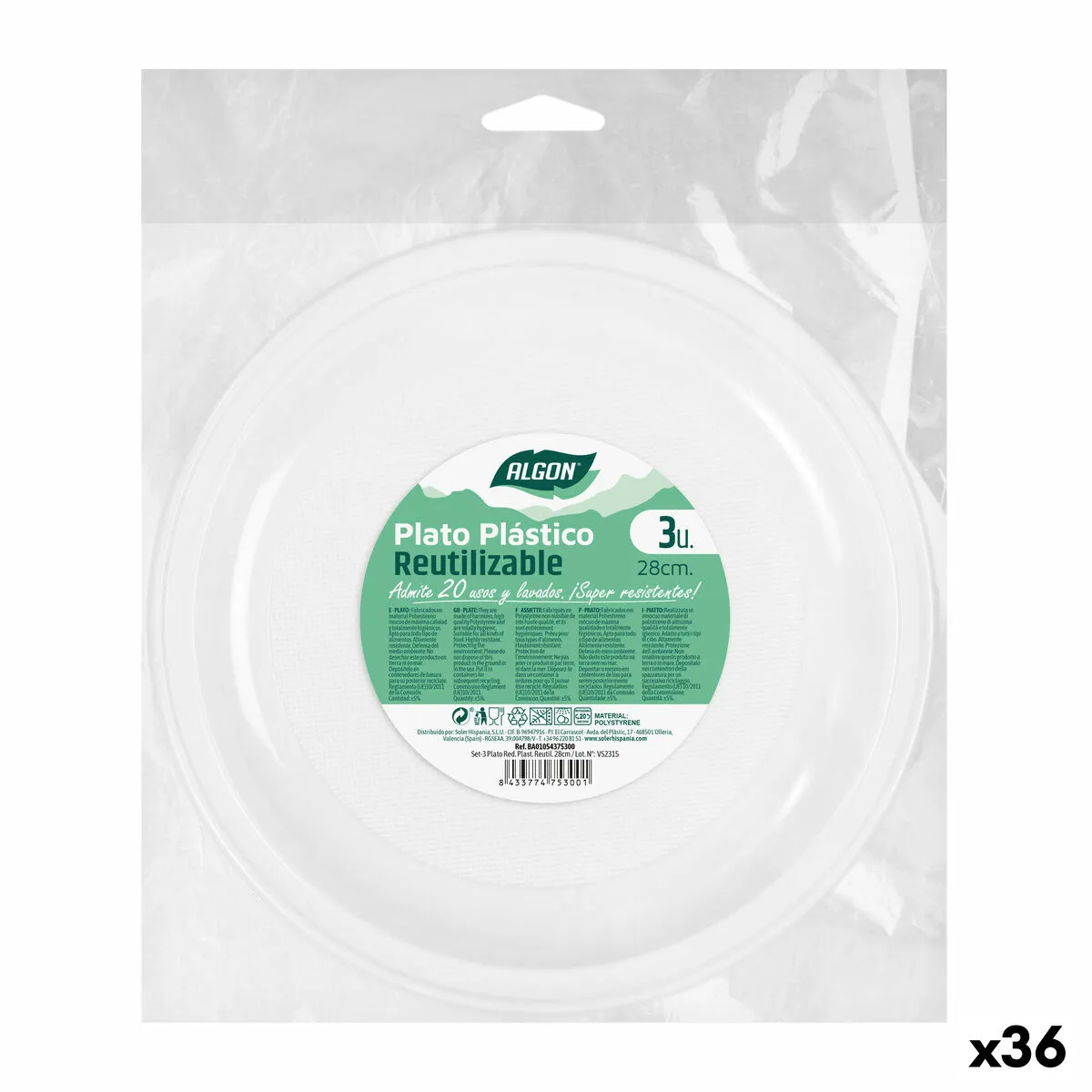 Set di piatti riutilizzabili Algon Rotondo Bianco Plastica (36 Unità)