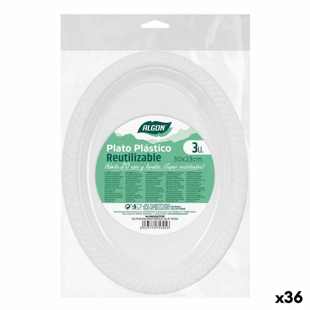 Set di piatti riutilizzabili Algon Bianco Plastica Ovale 30 x 23 cm (36 Unità)