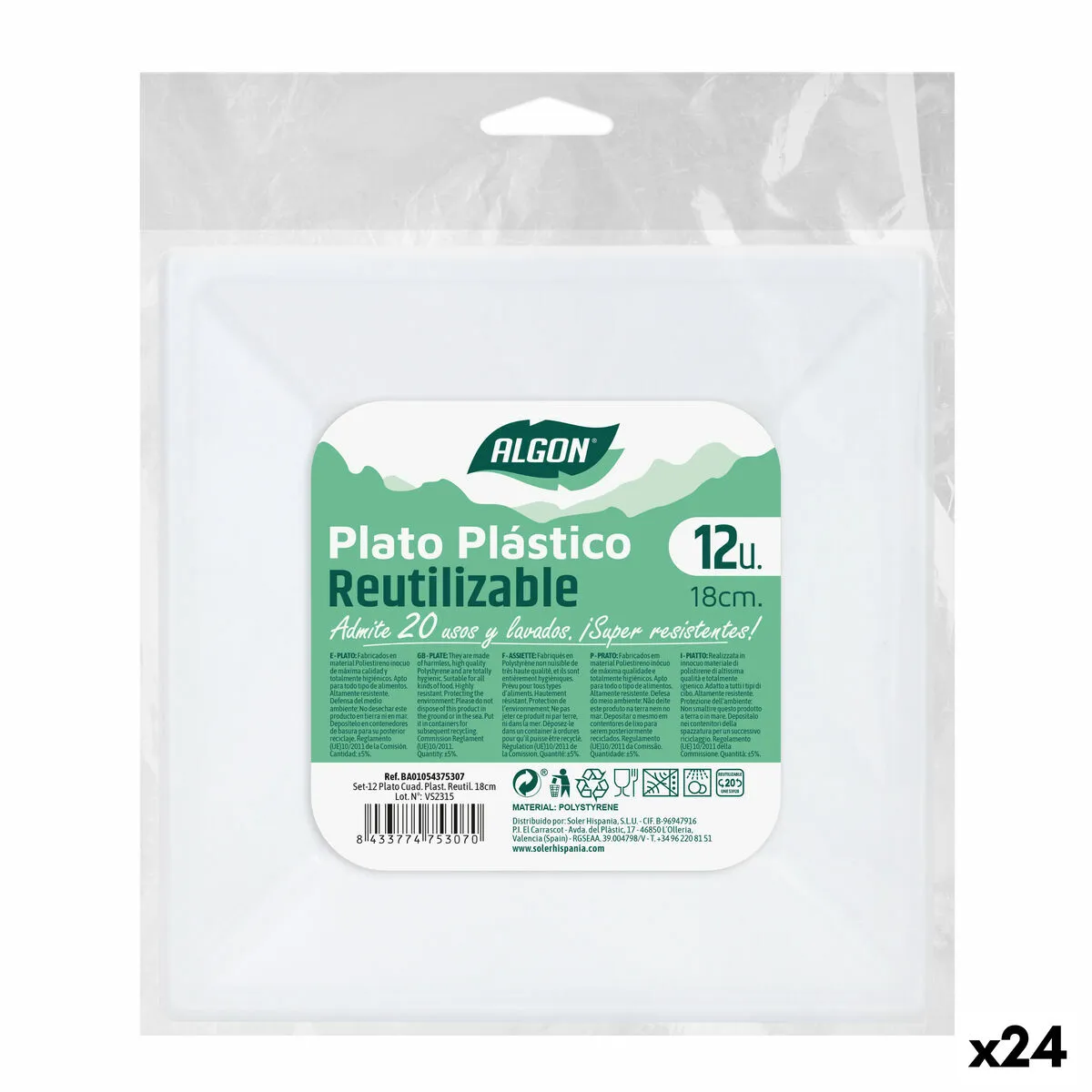 Set di piatti riutilizzabili Algon Quadrato Plastica 18 x 18 x 1,5 cm (24 Unità)