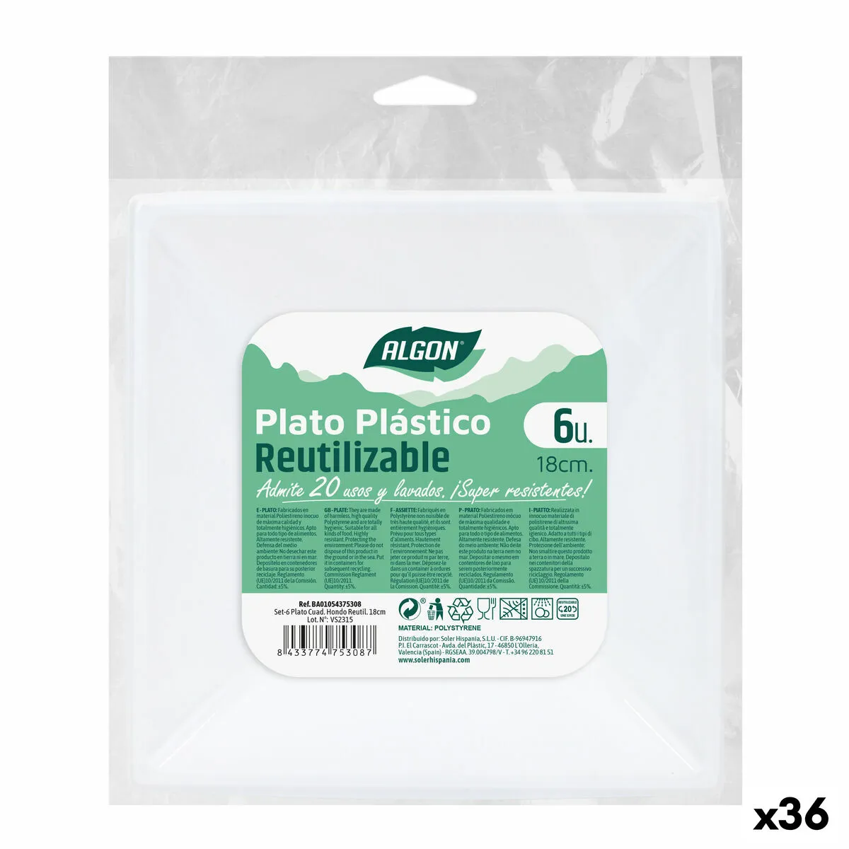 Set di piatti riutilizzabili Algon Quadrato Bianco Plastica 18 x 18 x 4 cm (36 Unità)