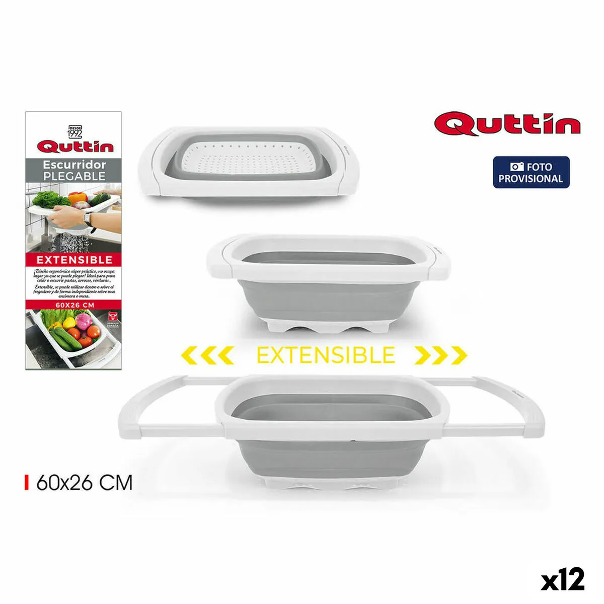 Scolapasta da Cucina Pieghevole Quttin Estensibile 60 x 26 cm (12 Unità)