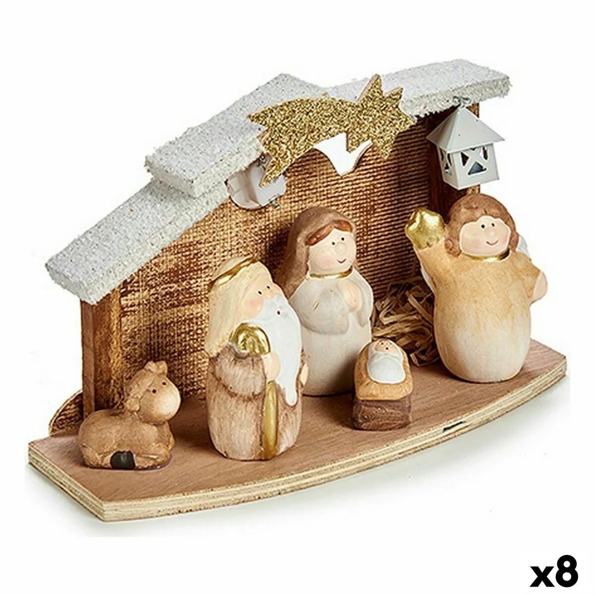 Presepe di Natale Luce LED Bianco Marrone Dorato Legno Ceramica 9 x 13 x 23 cm (8 Unità)