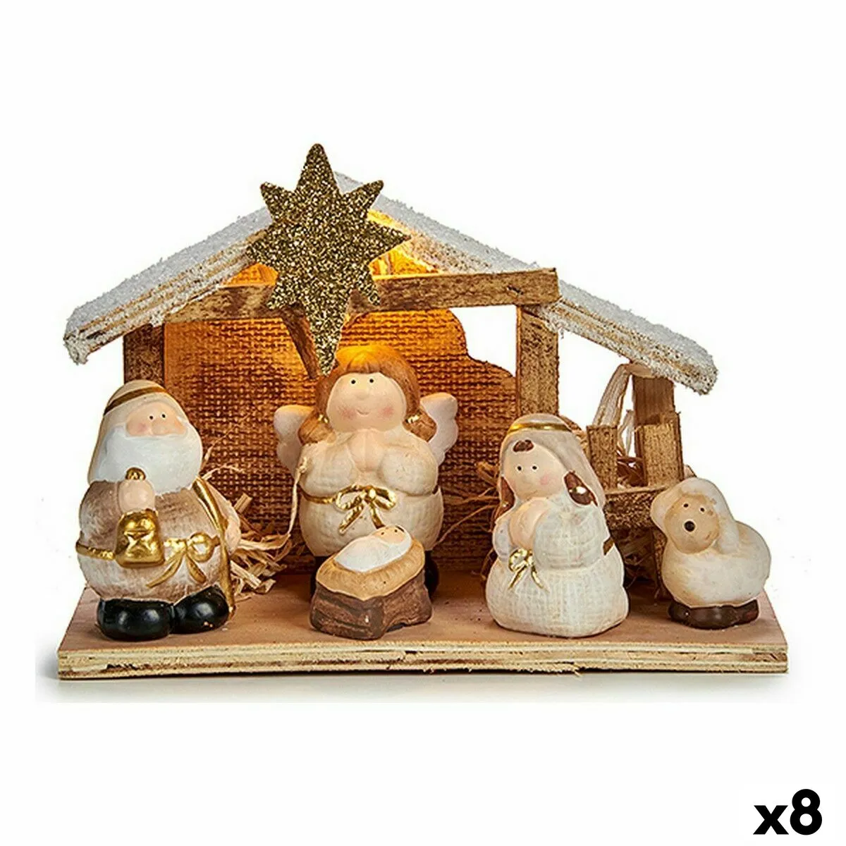 Presepe di Natale Bianco Marrone Dorato Legno Ceramica 21,5 x 15,5 x 8,5 cm (8 Unità)