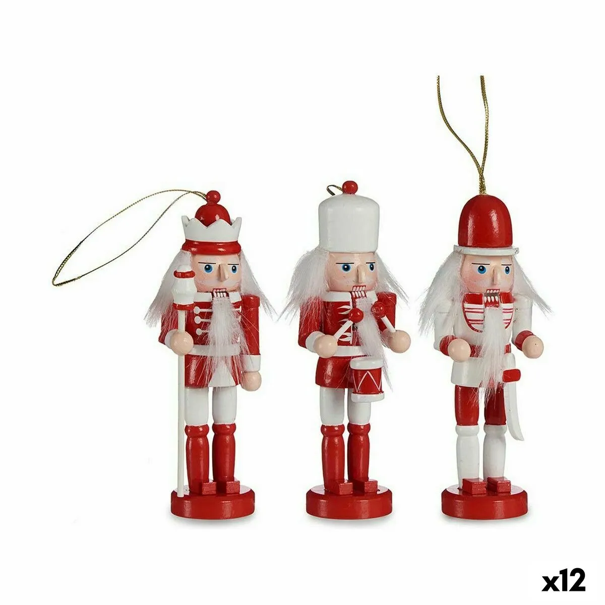 Set di Addobbi di Natale Schiaccianoci Bianco Rosso Legno 3,5 x 12,5 x 4 cm (12 Unità)